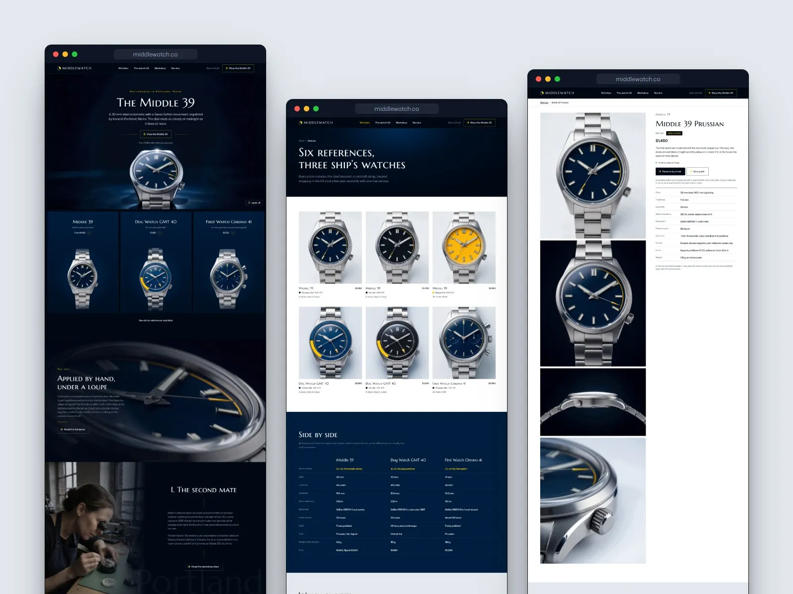 Middlewatch home, catalog and product pages side by side