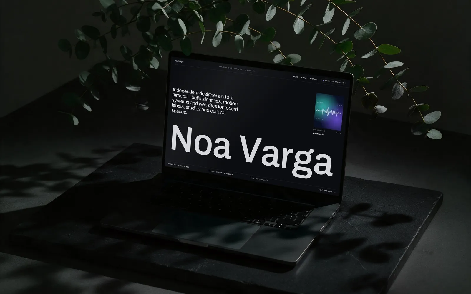 A dark laptop under eucalyptus leaves showing the Noa Varga portfolio home page